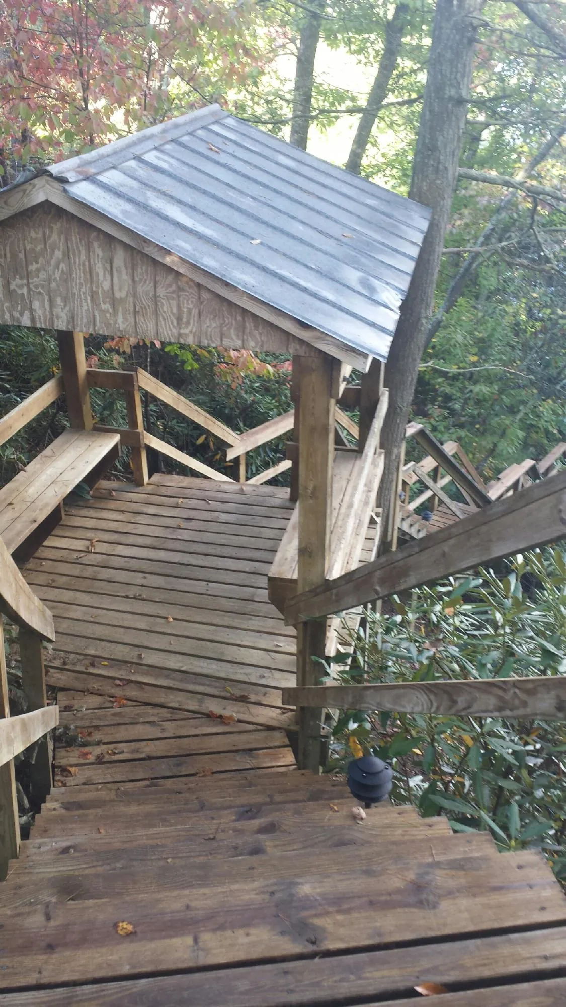 Metal roofed shelter over wooden steps on a wooded walkway — Skylight Repair & Installation work by our crew in Mayo